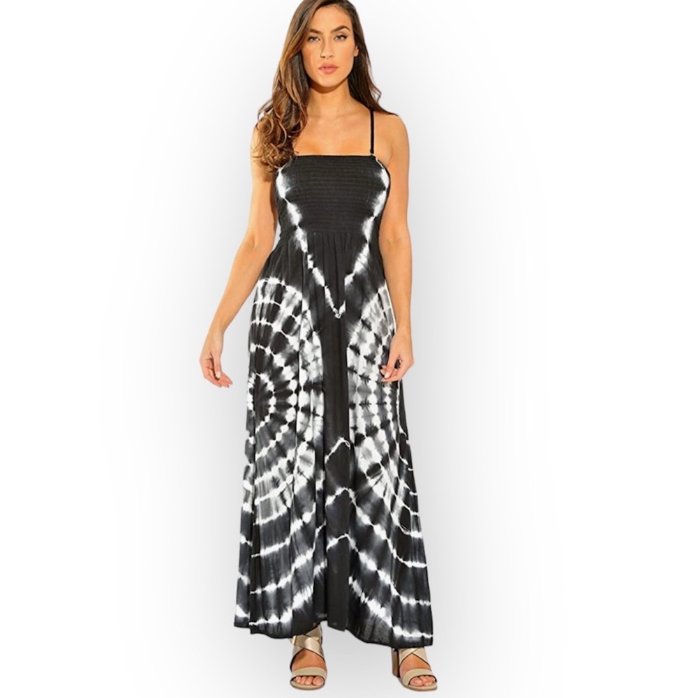Black and white tie dye maxi sundress with removable straps